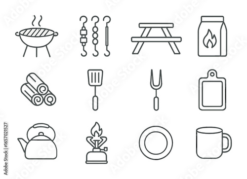 Outdoor Cooking Icons. Outline icon set of outdoor cooking at the dacha: barbecue grill, skewers, picnic table