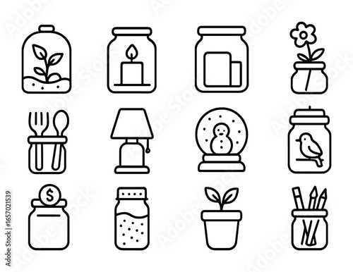 Jar Icon Collection. Outline icon set of old jar and container projects: terrarium, candle holder, storage bin