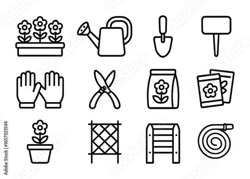 Dacha Gardening Icons. Outline icon set of dacha flower gardening: flower bed, watering can, trowel, plant
