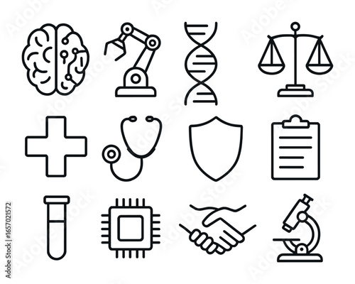 AI Medicine Ethics Icons. Outline icon set of artificial intelligence in medicine ethics: brain, robot arm,