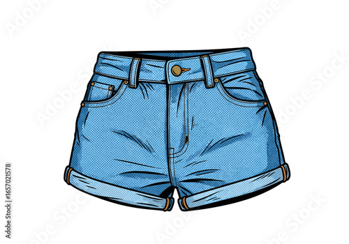 Pair of blue denim shorts with rolled hems displayed against a white background