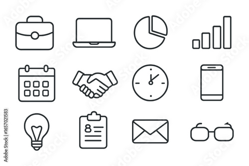 Freelance Consulting Icons. Outline icon set of freelance consulting: briefcase, laptop, pie chart, bar graph,