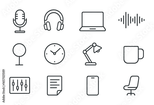 Freelance Voiceover Icons. Outline icon set of freelance voiceover: microphone, headphones, laptop, waveform,