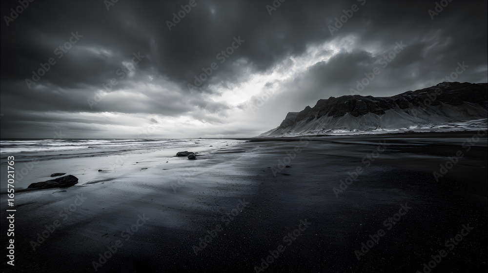 Fototapeta premium Wide-angle shot of a desolate black sand beach in Iceland, with storm clouds rolling above and rugged mountains in the background, creating a dramatic and hauntingly beautiful scene. cinematic, moody