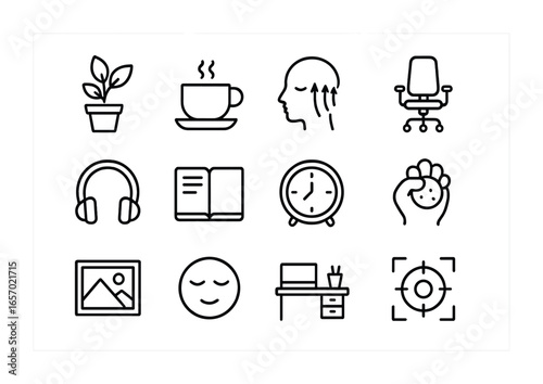 Mindfulness Icons Grid. Outline icon set of workplace mindfulness: desk plant, coffee cup, breathing reminder