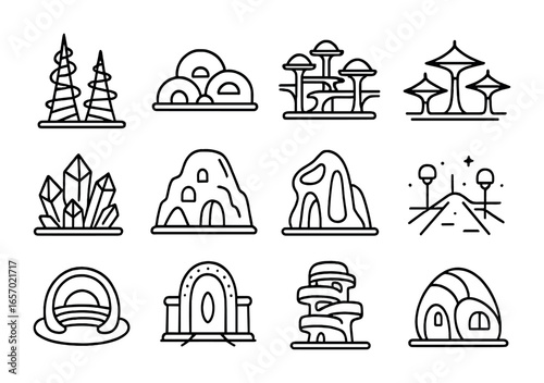 Alien Architecture Icons. Outline icon set of alien architecture: spiral towers, dome complexes, bridge