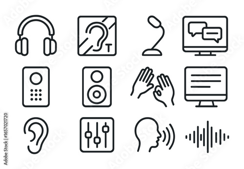 Workplace Hearing Devices. Outline icon set of workplace hearing assistance: over-ear headphones, telecoil