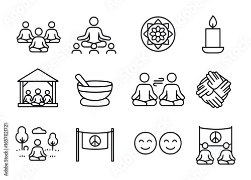 Group Meditation Icons. Outline icon set of group meditation: people sitting in circle, group leader, shared