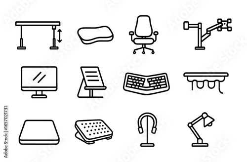 Ergonomic Workspace Icons. Outline icon set of ergonomic workstation setup: adjustable desk, wrist rest,