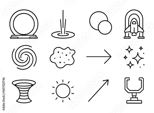 Cosmic Gateway Icons. Outline icon set of cosmic gateway: giant ring portal, beam of light, twin planets,