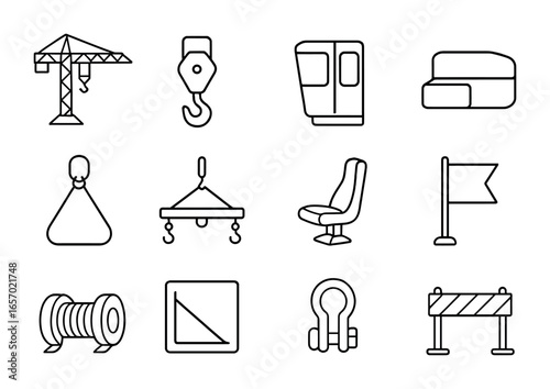 Crane Operation Icons. Outline icon set of crane operations: tower crane, crane hook, control cabin,