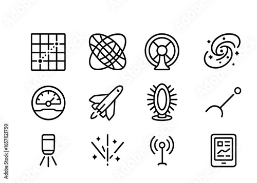 Hyperspace Navigation Icons. Outline icon set of hyperspace navigation: navigation grid, wormhole map, flight