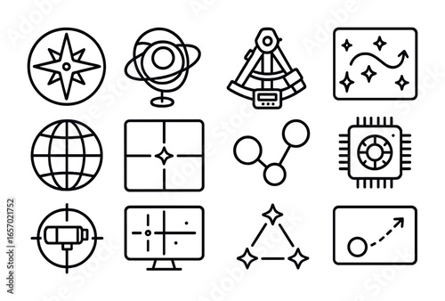 Stellar Navigation Icons. Outline icon set of stellar navigation tools: star compass, gyroscope, digital