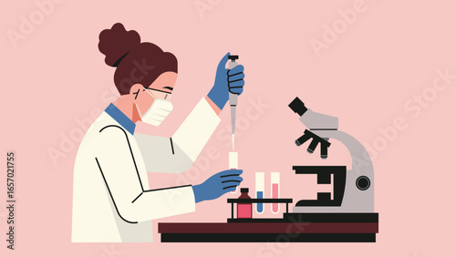 Female scientist in laboratory using micropipette to transfer liquid into test tube with microscope and lab equipment on desk, biomedical research, and molecular biology. Flat vector illustration