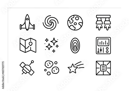 Intergalactic Icon Set. Outline icon set of intergalactic space travel: starship, galaxy spiral, alien planet,