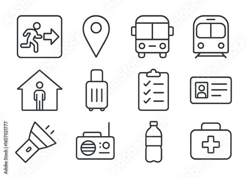 Evacuation Icon Set. Outline icon set of evacuation planning: evacuation sign, map pin, bus, train, shelter