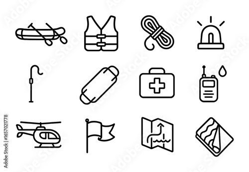 Flood Rescue Icons. Outline icon set of flood rescue operations: inflatable boat, life jacket, rope, emergency