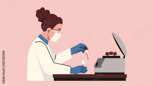 Female scientist in laboratory wearing mask and gloves placing test tube sample into centrifuge machine for medical diagnostics, biology research, and clinical analysis. Flat vector illustration
