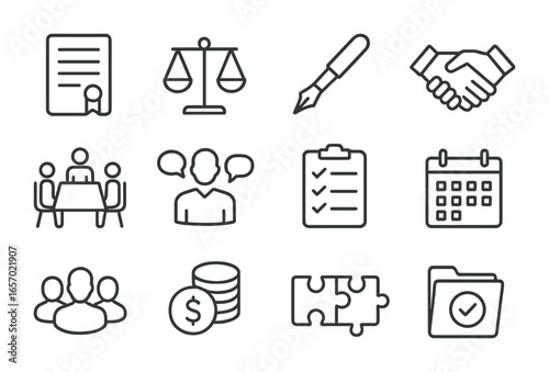 Negotiation Skills Icons. Outline icon set of negotiation skills: contract, scales, pen, handshake, discussion