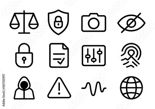Invisibility Tech Ethics Icons. Outline icon set of ethical issues in invisibility tech: scales of justice,