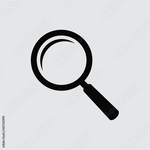 black vector silhouette of a classic magnifying glass with round lens and straight handle, slight angled perspective for depth, flat minimal style, centered on white background