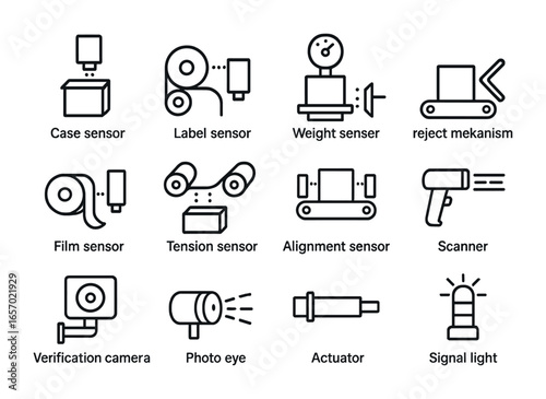 Packaging Sensor Icons. Outline icon set of packaging line sensors: case sensor, label sensor, weight sensor,