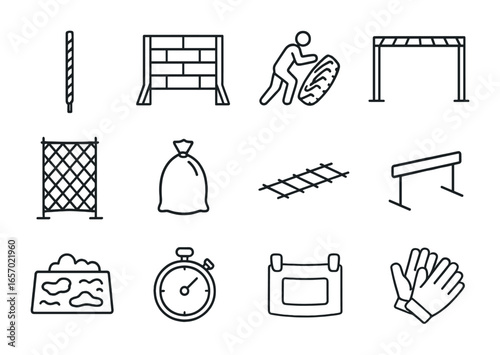 Obstacle Course Icons. Outline icon set of obstacle course racing: climbing rope, wall obstacle, tire flip,
