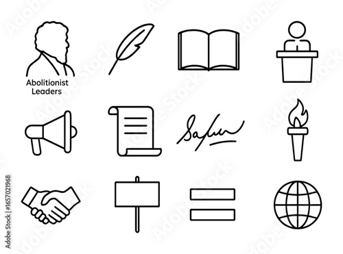 Abolitionist Icons Grid. Outline icon set of abolitionist leaders: portrait silhouette, quill pen, book,
