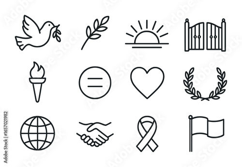 Icons of Peace. Outline icon set of peace and freedom: dove, olive branch, sunrise, open gate, torch, equality