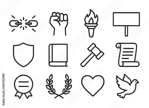 Icons of Resistance. Outline icon set of slave resistance: broken chains, clenched fist, torch, protest banner