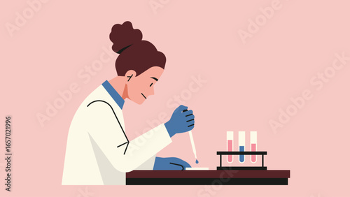 Female scientist in laboratory using micropipette to drop liquid sample on petri dish for microbiology research, diagnostics, and chemical experiment. Flat vector illustration