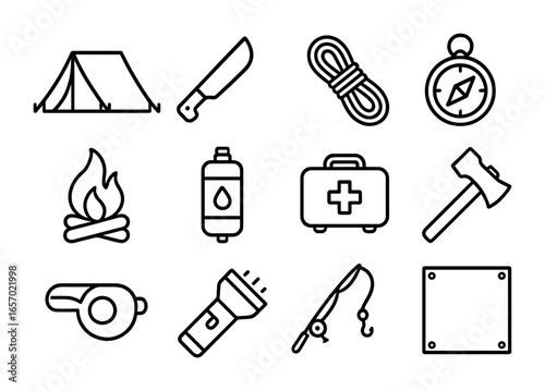 Survival Camping Icons. Outline icon set of survival camping: tent, machete, rope, compass, campfire, water
