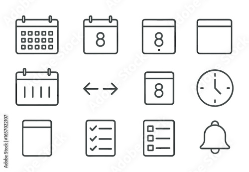 Minimalist Calendar Icons. Outline icon set of minimalist calendar layouts: month grid, thin date numbers,