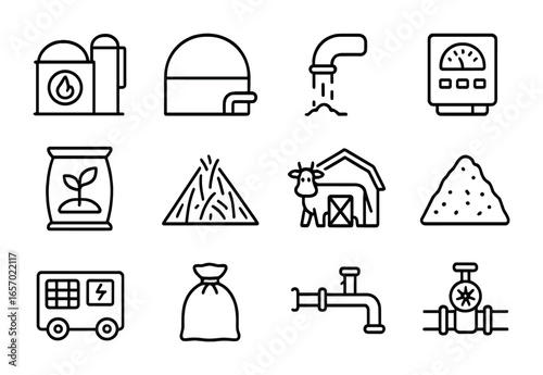 Biogas Production Icons. Outline icon set of biogas production on farms: biogas tank, digester dome, slurry