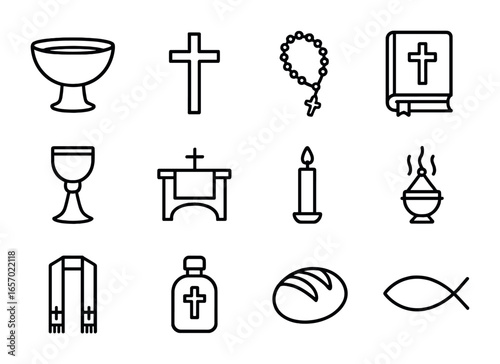Christian Ritual Icons. Outline icon set of Christian rituals: baptismal font, crucifix, rosary, Bible,