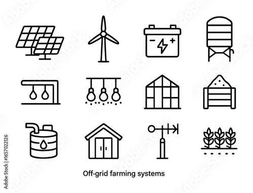Off-Grid Farming Icons. Outline icon set of off-grid farming systems: solar panels, wind turbine, battery bank