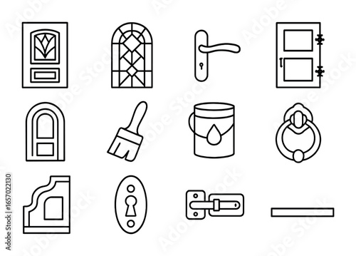 Decorative Door Icons. Outline icon set of decorative doors: carved panel, stained glass, brass handle, ornate