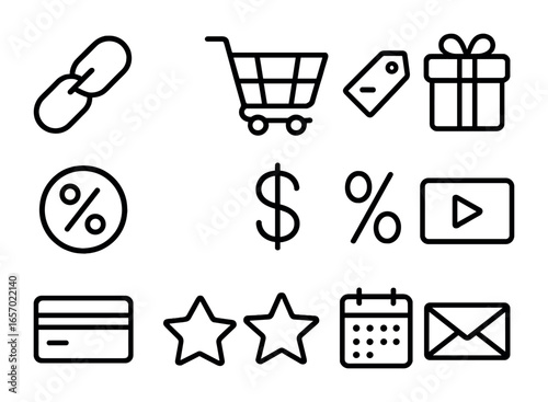 Affiliate Marketing Icons. Outline icon set of affiliate marketing: link chain, shopping cart, discount tag,