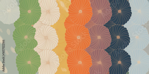 A colorful array of abstract floral patterns arranged in vertical stripes across the entire image plane