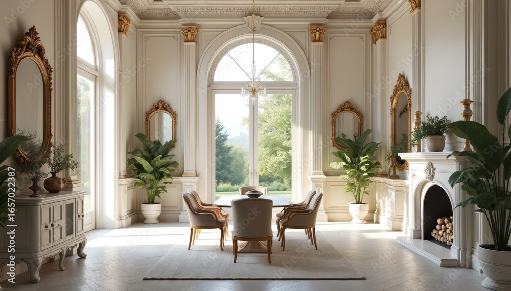 Fototapeta premium Elegant neoclassical dining room featuring large arched window overlooking rich garden. Room boasts ornate molding, classical fireplace, gold-framed mirrors. Furnished with dark wood table,