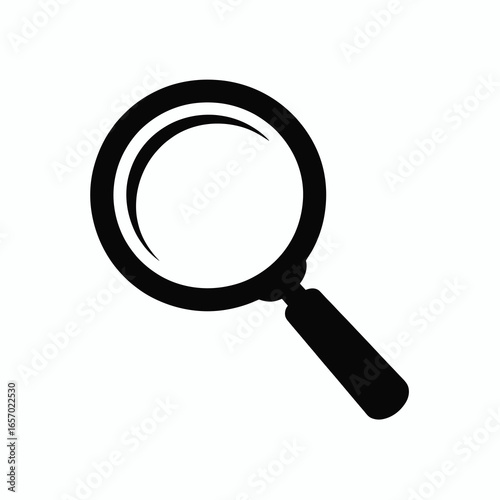 black vector silhouette of a classic magnifying glass with round lens and straight handle, slight angled perspective for depth, flat minimal style, centered on white background