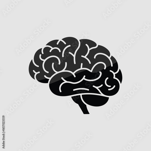 black vector silhouette of a human brain with visible simplified folds and curves, slightly angled for dynamic perspective, clean bold lines, flat minimal style, centered on white background
