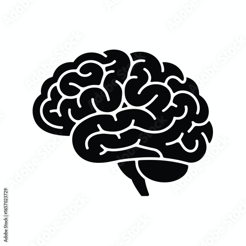 black vector silhouette of a human brain with visible simplified folds and curves, slightly angled for dynamic perspective, clean bold lines, flat minimal style, centered on white background