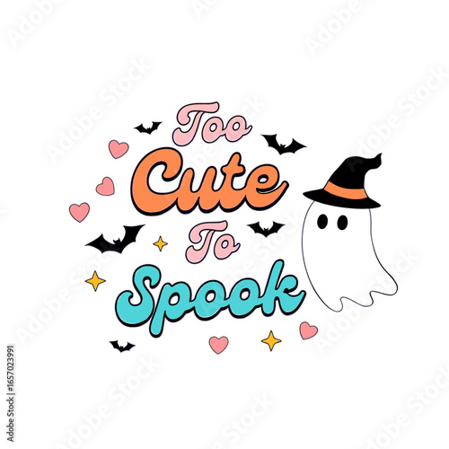 Illustration of ghost with too cute to spook text and bats on a lavender colored plane