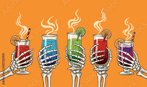 Five skeleton hands holding steaming glasses of colorful cocktails with citrus garnish drawing