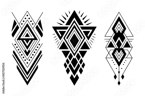 Three Geometric Tribal Tattoo Designs: Black and White Abstract Art