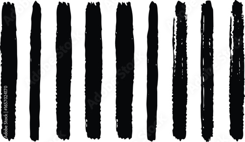 Collection of nine black brush strokes isolated on a white background, grunge texture, abstract art
