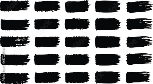 Collection of 30 black brush strokes isolated on white background, representing art and design elements with a textured, grunge feel
