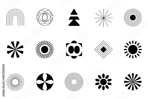 15 Minimalist Geometric Icons: Black and White Abstract Shapes for Design Elements
