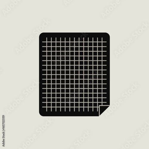 black vector silhouette of a rectangular sheet of graph paper with visible grid lines, slightly angled for depth, flat minimal style, centered on white background